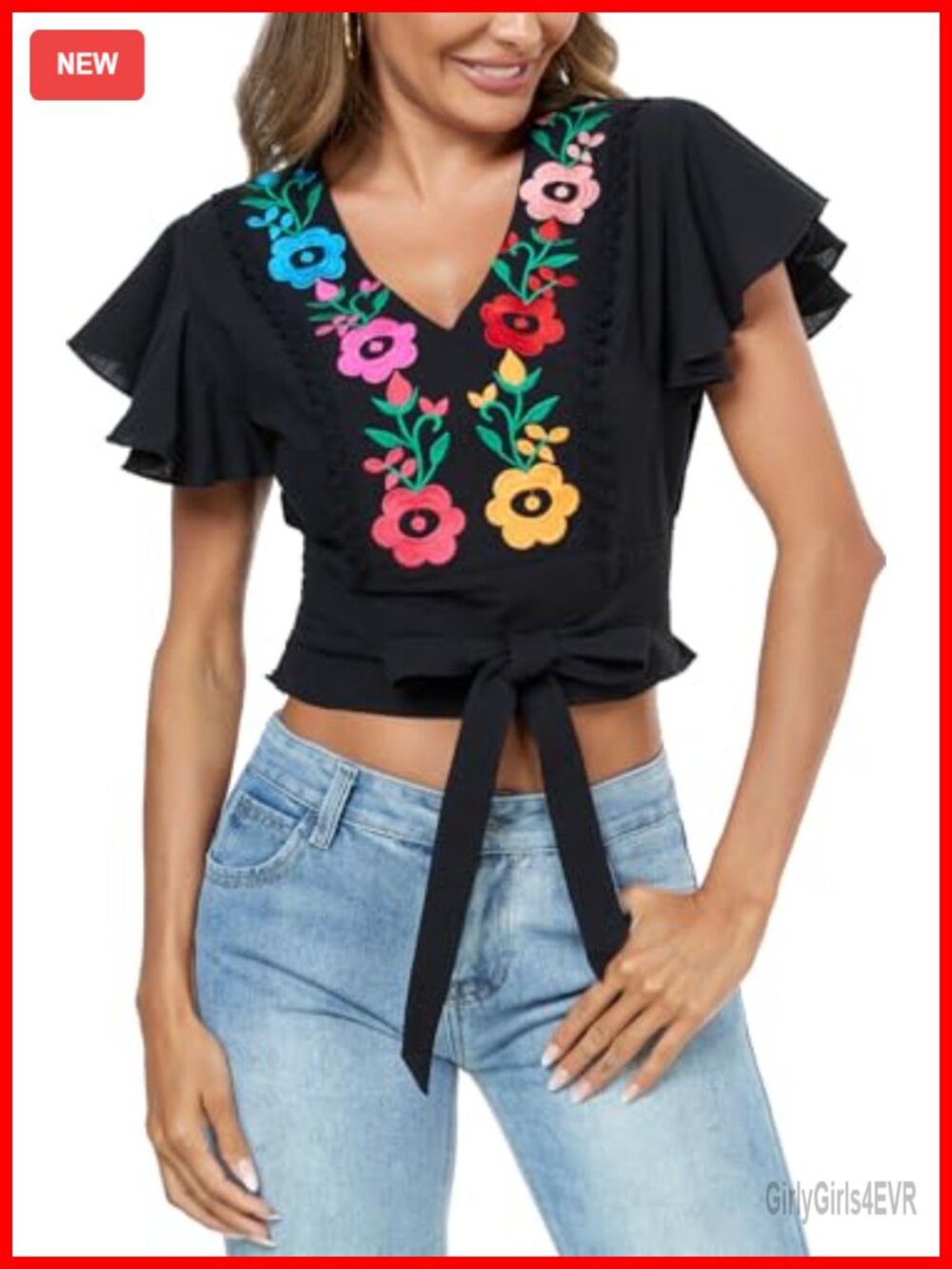 V Neck Tie Front Crop Top Ruffle Short Sleeve Boho Peasant Embroidered Blouse